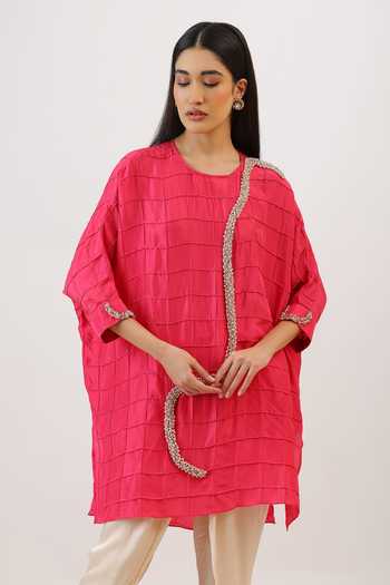 Shop Vidushi Gupta Fuchsia Silk, Cotton, Modal, Shantoon Pintuck Embroidered Kurta And Dhoti Pant Set Shop_Vidushi Gupta_Fuchsia Silk, Cotton, Modal, Shantoon Pintuck Embroidered Kurta And Dhoti Pant Set