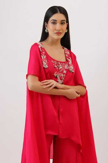 Vidushi Gupta_Fuchsia Silk, Cotton, Modal, Threadwork And Tassel Detailed Cape Gharara Set _Online_at_Aza_Fashions