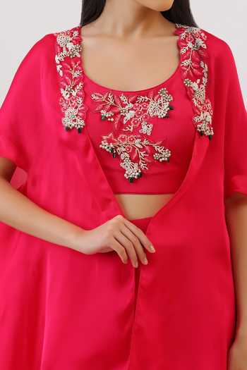 Vidushi Gupta_Fuchsia Silk, Cotton, Modal, Threadwork And Tassel Detailed Cape Gharara Set _at_Aza_Fashions