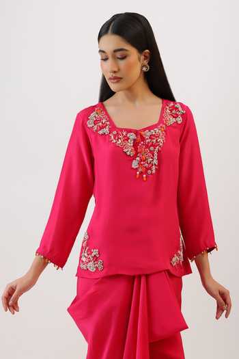 Shop_Vidushi Gupta_Fuchsia Silk, Cotton, Modal, Hand Embroidered Short Kurta And Draped Skirt Set _Online_at_Aza_Fashions