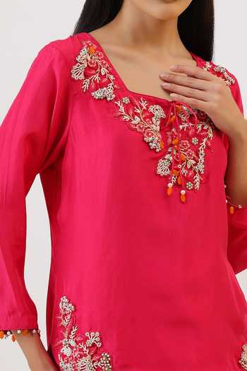 Buy_Vidushi Gupta_Fuchsia Silk, Cotton, Modal, Hand Embroidered Short Kurta And Draped Skirt Set 