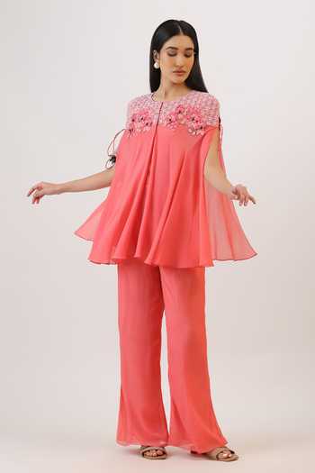Vidushi Gupta_Pink Silk, Cotton, Modal, Shantoon Wildflower Floral Embroidered Cape And Pant Set _Online_at_Aza_Fashions