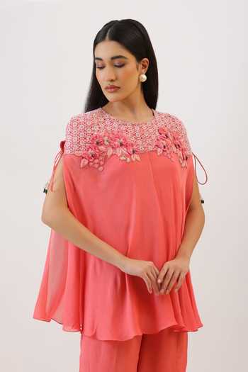 Shop_Vidushi Gupta_Pink Silk, Cotton, Modal, Shantoon Wildflower Floral Embroidered Cape And Pant Set _Online_at_Aza_Fashions