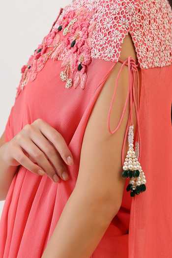 Buy_Vidushi Gupta_Pink Silk, Cotton, Modal, Shantoon Wildflower Floral Embroidered Cape And Pant Set 