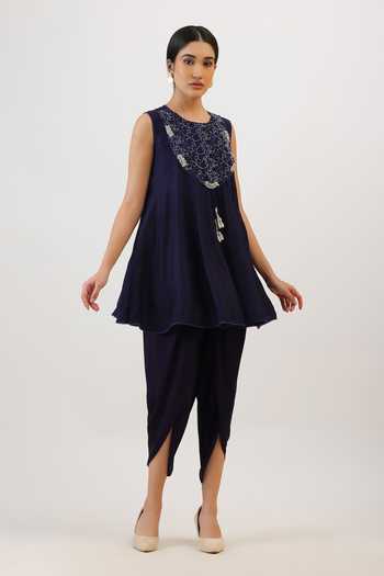 Buy_Vidushi Gupta_Purple Silk, Cotton, Modal Round Neck Floral Threadwork Kurta And Dhoti Pant Set _Online_at_Aza_Fashions