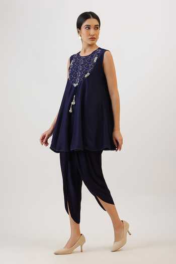 Shop_Vidushi Gupta_Purple Silk, Cotton, Modal Round Neck Floral Threadwork Kurta And Dhoti Pant Set _Online_at_Aza_Fashions