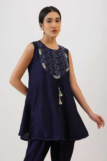 Buy_Vidushi Gupta_Purple Silk, Cotton, Modal Round Neck Floral Threadwork Kurta And Dhoti Pant Set 