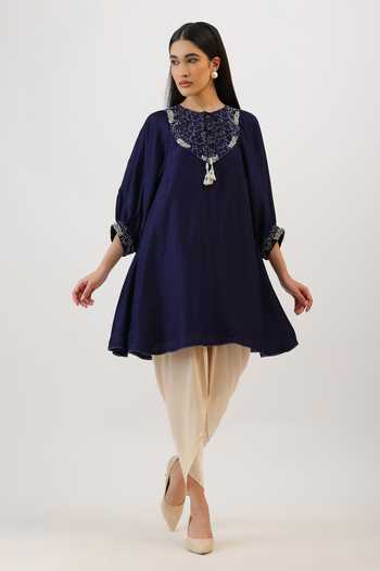 Buy_Vidushi Gupta_Purple Silk, Cotton, Modal, Shantoon Round Threadwork Kurta And Dhoti Pant Set _Online_at_Aza_Fashions