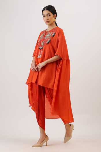 Shop_Vidushi Gupta_Orange Silk, Modal, Shantoon Blooming Floral Embroidered Cape And Dhoti Pant Set _Online_at_Aza_Fashions