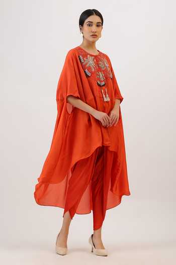Buy_Vidushi Gupta_Orange Silk, Modal, Shantoon Blooming Floral Embroidered Cape And Dhoti Pant Set 
