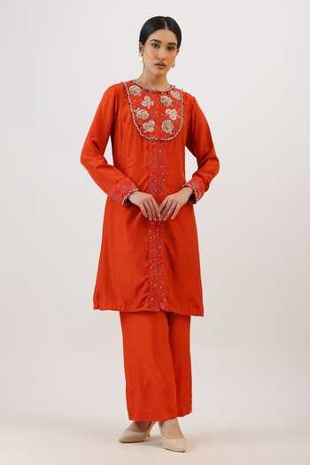 Buy_Vidushi Gupta_Orange Silk, Modal Round Neck, Blossoming Botanical Embroidered Kurta And Pant Set _Online_at_Aza_Fashions