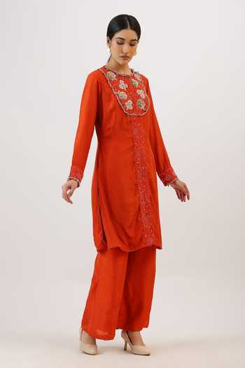 Shop_Vidushi Gupta_Orange Silk, Modal Round Neck, Blossoming Botanical Embroidered Kurta And Pant Set _Online_at_Aza_Fashions
