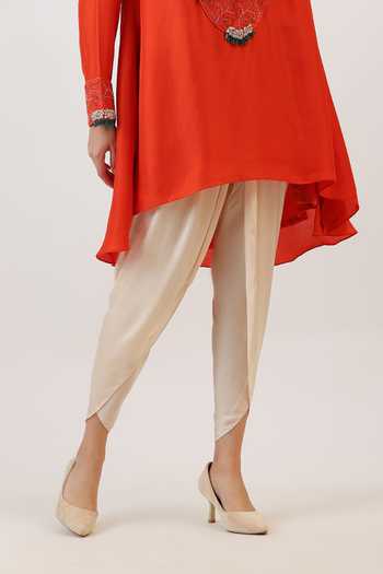 Vidushi Gupta_Orange Silk, Modal, Shantoon Floral Threadwork Asymmetric Kurta And Dhoti Pant Set _Online_at_Aza_Fashions