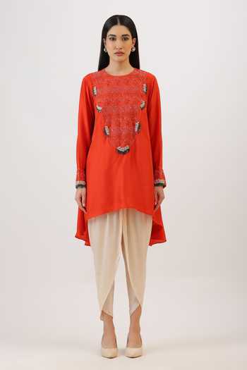 Buy_Vidushi Gupta_Orange Silk, Modal, Shantoon Floral Threadwork Asymmetric Kurta And Dhoti Pant Set _Online_at_Aza_Fashions