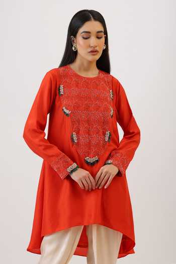 Shop_Vidushi Gupta_Orange Silk, Modal, Shantoon Floral Threadwork Asymmetric Kurta And Dhoti Pant Set _Online_at_Aza_Fashions