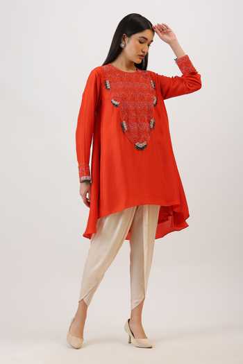 Vidushi Gupta Floral Threadwork Asymmetric Kurta & Dhoti Pant Set 