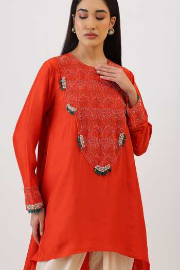 Buy_Vidushi Gupta_Orange Silk, Modal, Shantoon Floral Threadwork Asymmetric Kurta And Dhoti Pant Set 