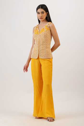 Vidushi Gupta_Yellow Silk, Modal, Cotton Wildflower Honeycomb Embroidered Jacket And Pant Set _Online_at_Aza_Fashions