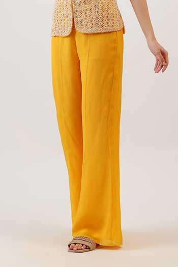 Shop_Vidushi Gupta_Yellow Silk, Modal, Cotton Wildflower Honeycomb Embroidered Jacket And Pant Set _Online_at_Aza_Fashions