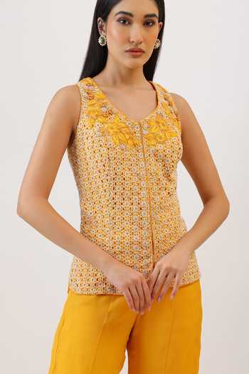 Buy_Vidushi Gupta_Yellow Silk, Modal, Cotton Wildflower Honeycomb Embroidered Jacket And Pant Set 