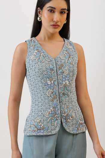 Buy_Vidushi Gupta_Blue Silk, Cotton, Modal Floral Honeycomb Embroidered Jacket And Sharara Set _Online_at_Aza_Fashions