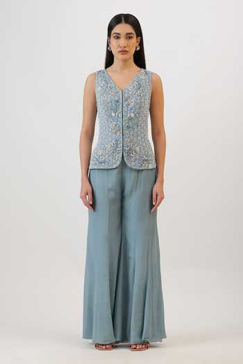 Shop_Vidushi Gupta_Blue Silk, Cotton, Modal Floral Honeycomb Embroidered Jacket And Sharara Set _Online_at_Aza_Fashions