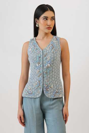 Vidushi Gupta_Blue Silk, Cotton, Modal Floral Honeycomb Embroidered Jacket And Sharara Set _at_Aza_Fashions