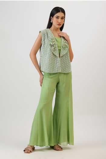 Vidushi Gupta_Green Silk, Modal, Shantoon Shawl Neck, Floral Embroidered Jacket And Sharara Set _Online_at_Aza_Fashions