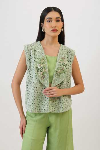 Shop_Vidushi Gupta_Green Silk, Modal, Shantoon Shawl Neck, Floral Embroidered Jacket And Sharara Set _Online_at_Aza_Fashions