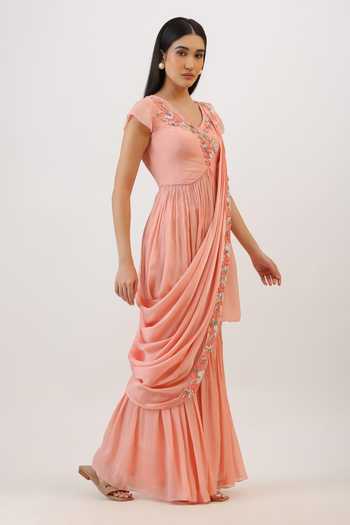 Vidushi Gupta_Pink Silk, Cotton, Modal, Shantoon Hand Embroidered Peplum Kurta Gharara Set _Online_at_Aza_Fashions