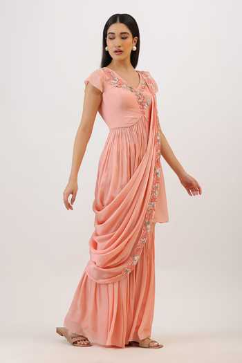 Buy_Vidushi Gupta_Pink Silk, Cotton, Modal, Shantoon Hand Embroidered Peplum Kurta Gharara Set _Online_at_Aza_Fashions