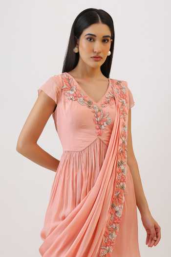 Shop_Vidushi Gupta_Pink Silk, Cotton, Modal, Shantoon Hand Embroidered Peplum Kurta Gharara Set _Online_at_Aza_Fashions