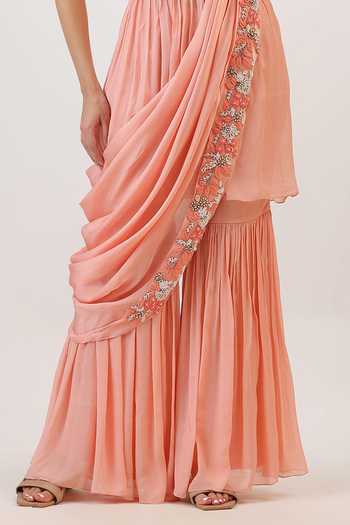 Vidushi Gupta_Pink Silk, Cotton, Modal, Shantoon Hand Embroidered Peplum Kurta Gharara Set _at_Aza_Fashions