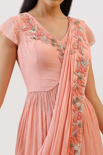 Buy_Vidushi Gupta_Pink Silk, Cotton, Modal, Shantoon Hand Embroidered Peplum Kurta Gharara Set 