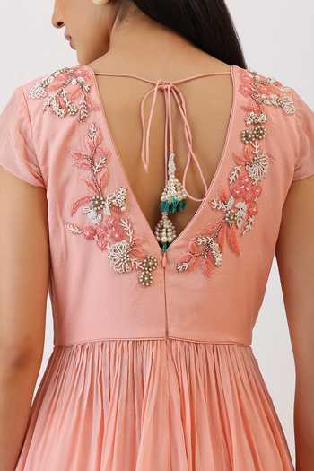 Shop_Vidushi Gupta_Pink Silk, Cotton, Modal, Shantoon Hand Embroidered Peplum Kurta Gharara Set 