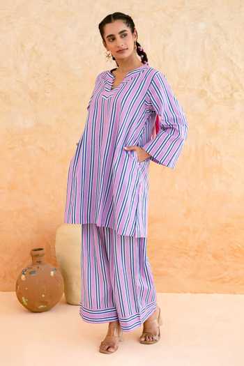 Buy_Myaara_Pink Cotton Split V-neck, Yes Stripe Print Kurta And Pant Set _Online_at_Aza_Fashions