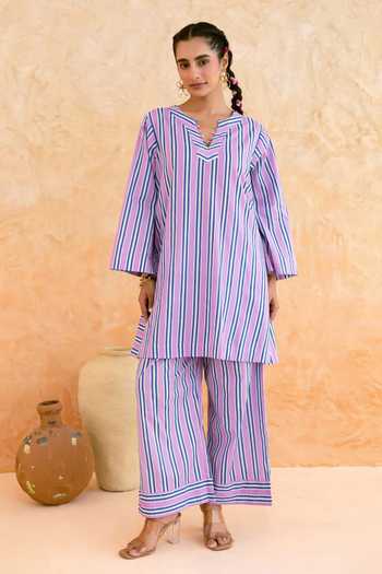 Shop_Myaara_Pink Cotton Split V-neck, Yes Stripe Print Kurta And Pant Set _Online_at_Aza_Fashions