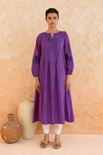 Myaara_Purple Cotton Split V-neck, Yes Printed A-line Kurta And Pant Set _Online_at_Aza_Fashions