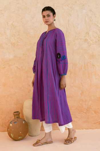 Buy_Myaara_Purple Cotton Split V-neck, Yes Printed A-line Kurta And Pant Set _Online_at_Aza_Fashions