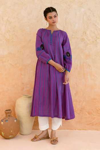 Shop_Myaara_Purple Cotton Split V-neck, Yes Printed A-line Kurta And Pant Set _Online_at_Aza_Fashions