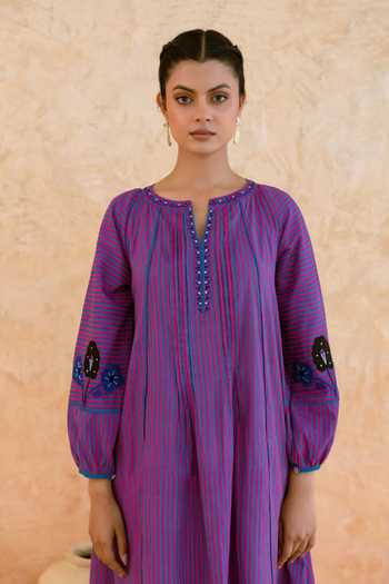Myaara_Purple Cotton Split V-neck, Yes Printed A-line Kurta And Pant Set _at_Aza_Fashions