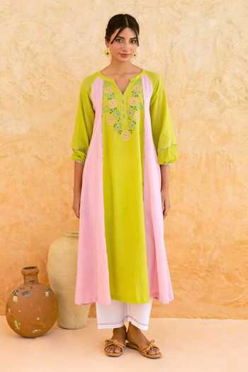 Buy_Myaara_Pink Cotton Split V-neck, Yes Embroidered Kurta And Pant Set _Online_at_Aza_Fashions