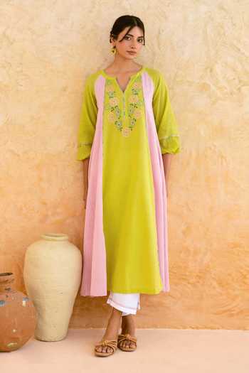 Shop_Myaara_Pink Cotton Split V-neck, Yes Embroidered Kurta And Pant Set _Online_at_Aza_Fashions
