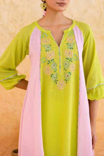 Myaara_Pink Cotton Split V-neck, Yes Embroidered Kurta And Pant Set _at_Aza_Fashions