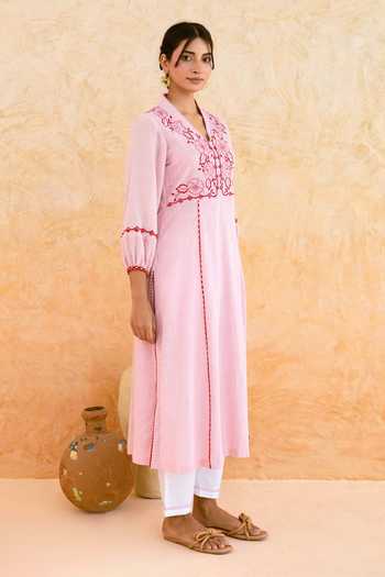 Buy_Myaara_Pink Cotton V-neck, Yes Floral Embroidered Yoke Kurta And Pant Set _Online_at_Aza_Fashions