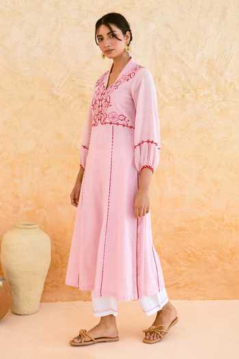 Shop_Myaara_Pink Cotton V-neck, Yes Floral Embroidered Yoke Kurta And Pant Set _Online_at_Aza_Fashions