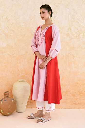 Myaara_Pink Cotton Split V-neck Blush Kurta And Pant Set _Online_at_Aza_Fashions