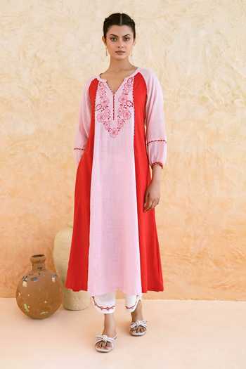 Shop_Myaara_Pink Cotton Split V-neck Blush Kurta And Pant Set _Online_at_Aza_Fashions