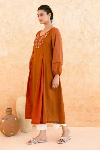 Buy_Myaara_Rust Cotton V-neck, Yes Embroidered Yoke Kurta And Pant Set _Online_at_Aza_Fashions