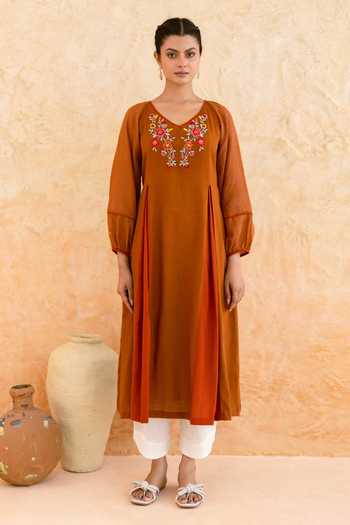 Shop_Myaara_Rust Cotton V-neck, Yes Embroidered Yoke Kurta And Pant Set _Online_at_Aza_Fashions